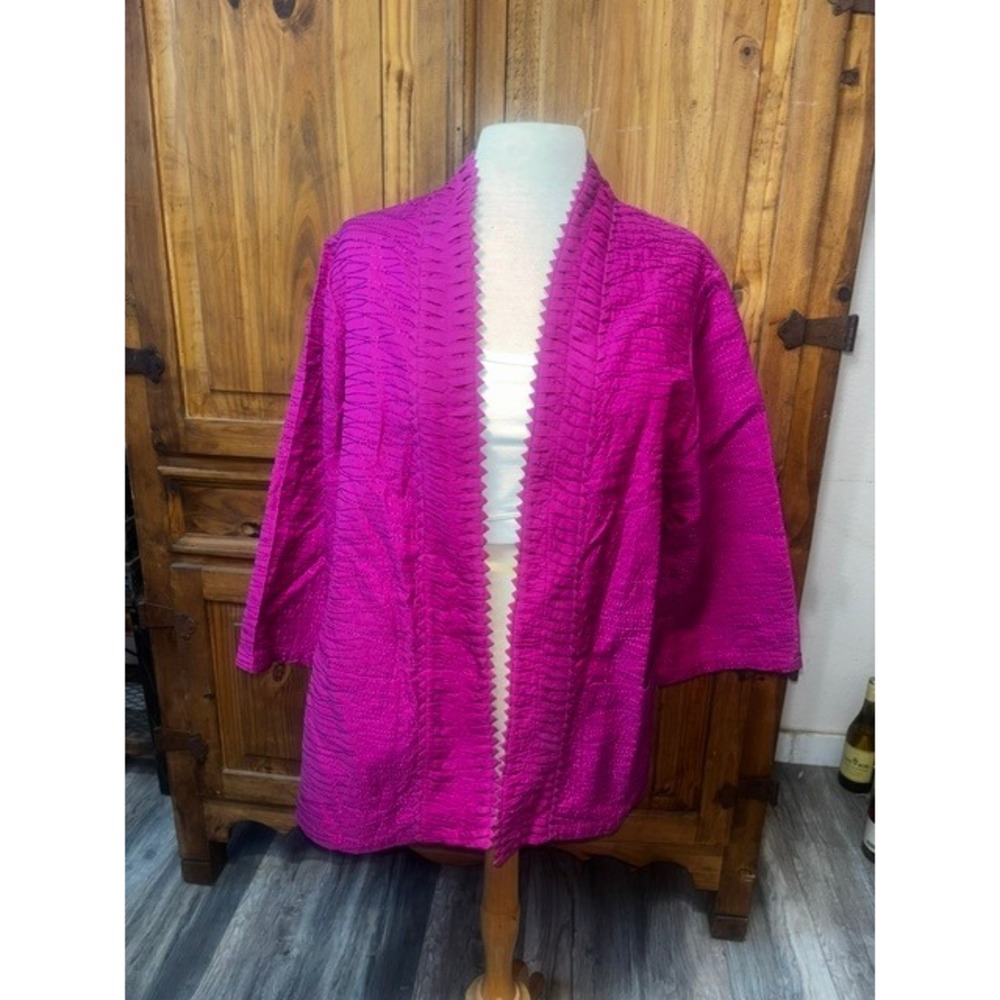 Chicos Magenta Pink Embroidered Open Front Jacket Zig Zag Trim Size 2 L XL